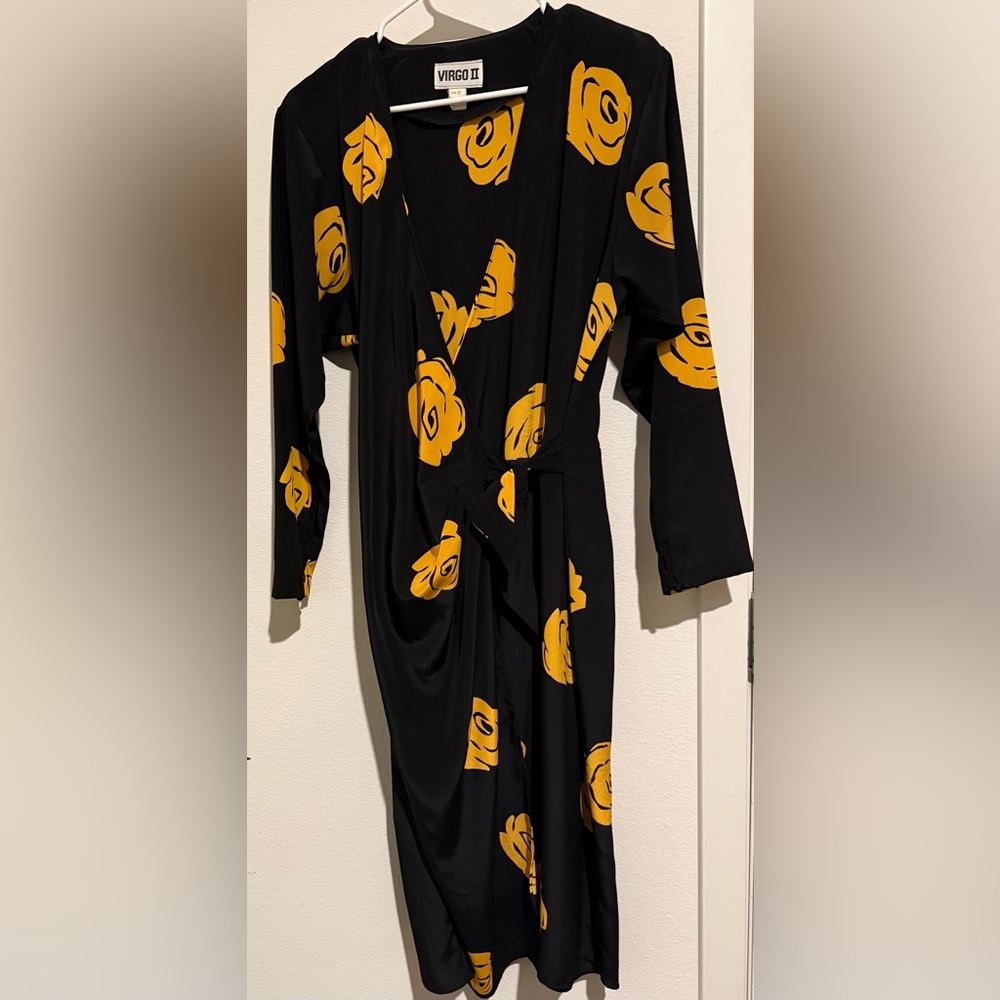 Vintage Virgo II Brand Black & Yellow Floral Wrap Dress